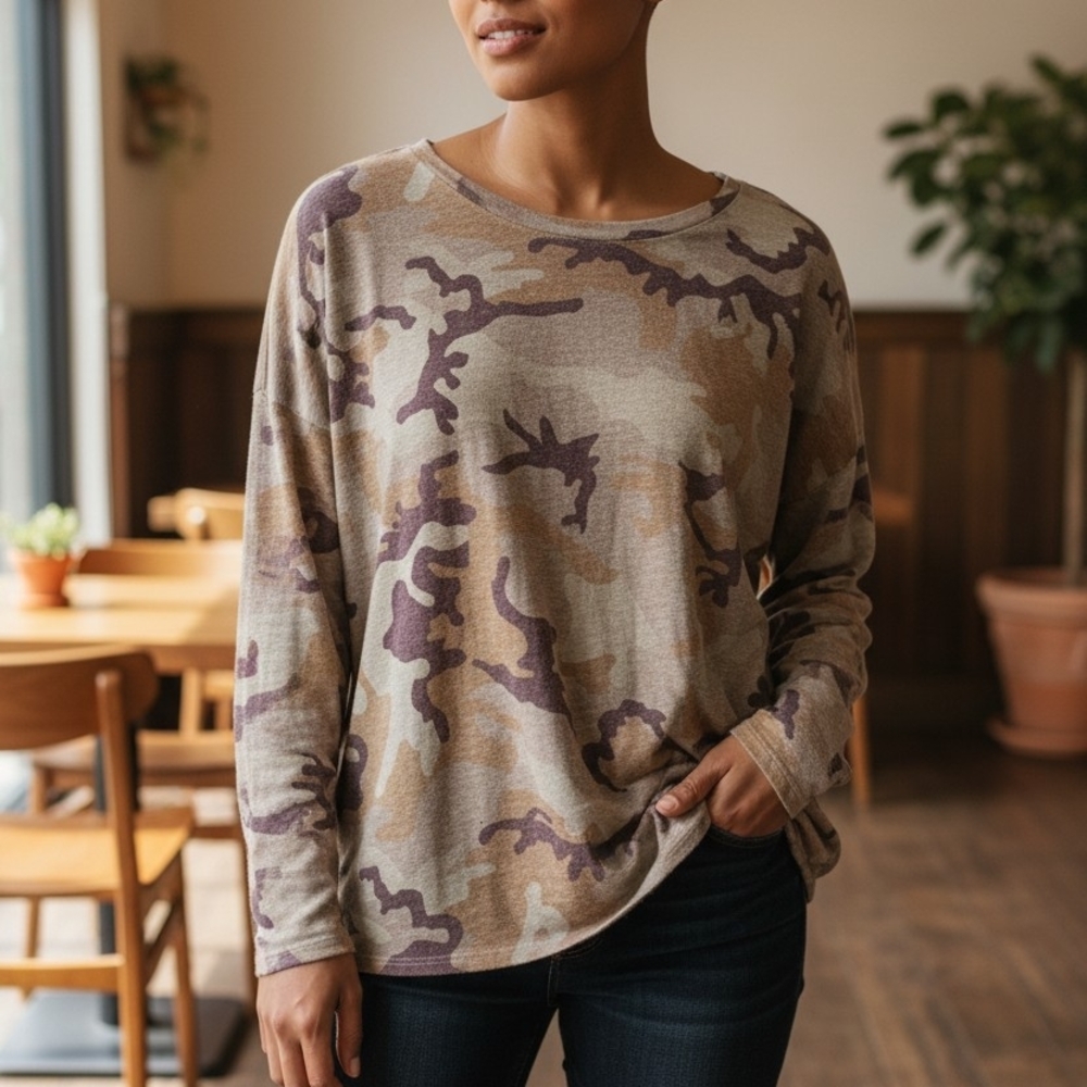 Sanctuary Purple and Tan Camouflage Long Sleeve Top